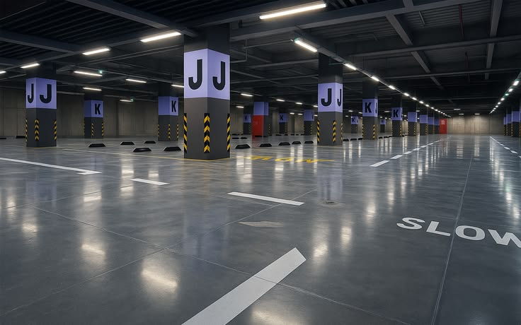 Industrial flooring system application in underground parking garages